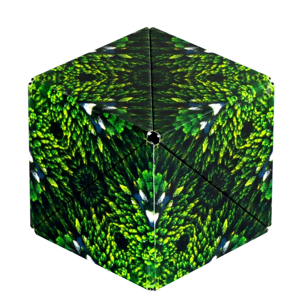 This hexagonal Shashibo object features a green, kaleidoscopic, feather-like pattern. Ingeniously designed with rare earth magnets, it can effortlessly transform and connect into intriguing shapes.