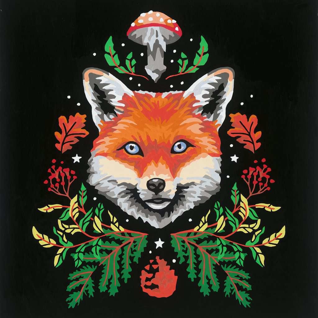 This illustrated fox head is surrounded by autumn leaves, a mushroom, and decorative plants on a black background, reminiscent of the Ravensburger CreArt Pixie Cold series.