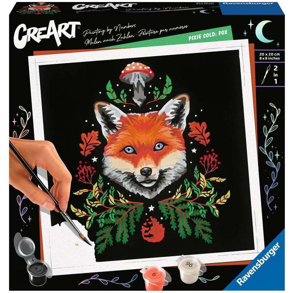 The Ravensburger CreArt Paint-by-Numbers kit showcases a stunning fox enveloped by leaves and mushrooms against a black background, with the brand's hallmark precision. Ideal for creative minds, this kit offers an enchanting experience reminiscent of Pixie Cold’s vibrant artistry.