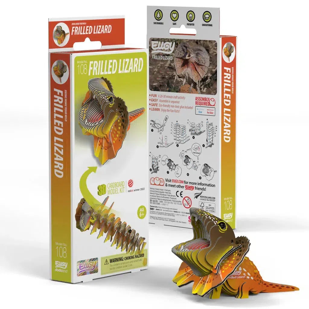 Frilled lizard cardboard model kit packaging, showcasing front and back views. This eco-friendly, collectable toy includes assembly instructions and illustrations of the completed 3D puzzle model.