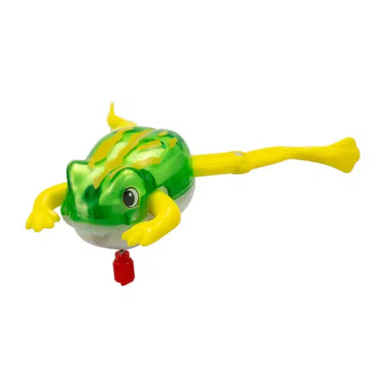 A green and yellow plastic frog toy with extended limbs and a red key, perfect for bath time fun. This swimming frog brings delight to the tub, making every splash an adventure.