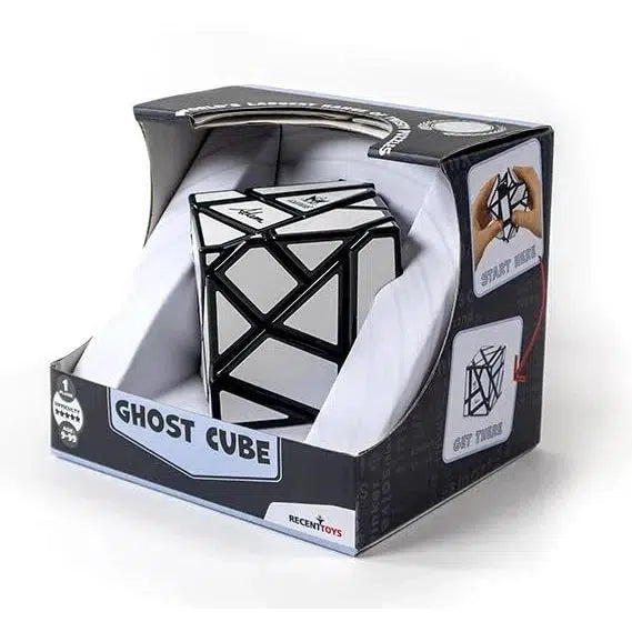 Ghost Cube puzzle in a box, with black and white geometric design. Packaging includes images and text instructions.