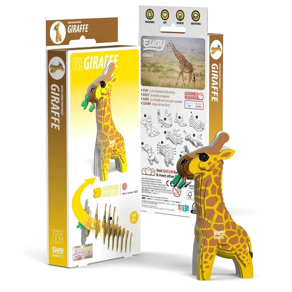 The eco-friendly cardboard giraffe model kit packaging features a front image of the assembled collectable toy and detailed instructions on the back.