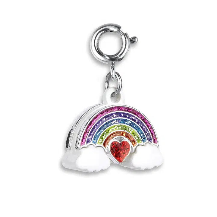 A glitter rainbow charm with dazzling arches and two clouds, featuring a red heart at the center, perfect for any charm bracelet, attached to a silver clasp.