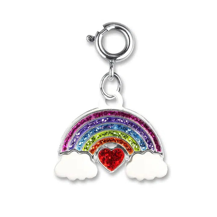 Glitter rainbow charm with colorful rhinestones, featuring clouds on each end and a red heart in the center, perfect for adding to your charm bracelet with its attached metal clasp.