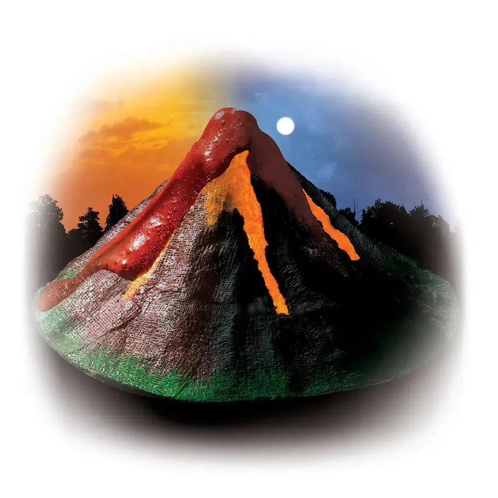 A model volcano with lava flows, enhanced by glow-in-the-dark paint, set against a background showing both day and night.