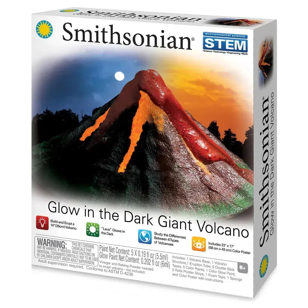 The Smithsonian STEM kit, "Glow in the Dark Giant Volcano," displays an erupting volcano illustration with molten lava. It includes tools for building a model volcano using glow-in-the-dark paint. Perfect for budding scientists aged 8 and up.