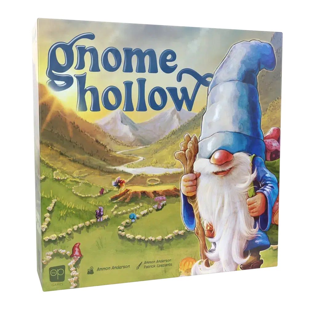 The image shows the box cover of the board game "Gnome Hollow," a charming Eurogame featuring a cartoon gnome with a long white beard and blue hat in a colorful countryside setting.