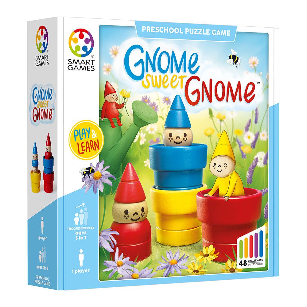 A box of a preschool puzzle game called "Gnome Sweet Gnome" by SmartGames, featuring colorful gnomes and flowers on the cover, suitable for ages 3 to 7, and includes 48 challenges for one player.