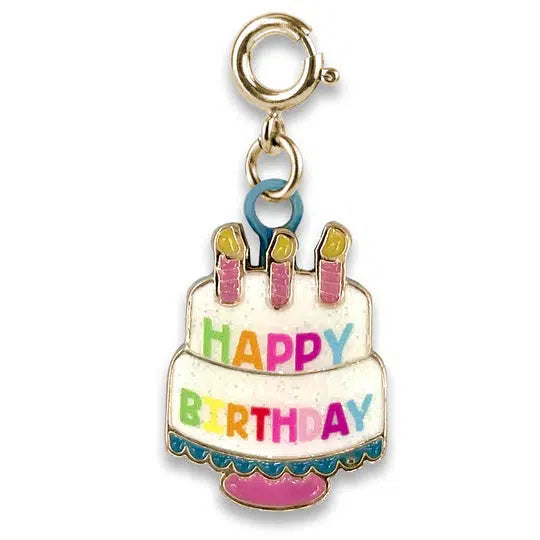 charm that looks like a birthday cake with candles and says "happy birthday"