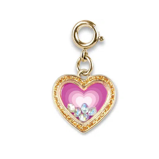 heart-shaped charm that is pink with gold border and diamonds that shake inside