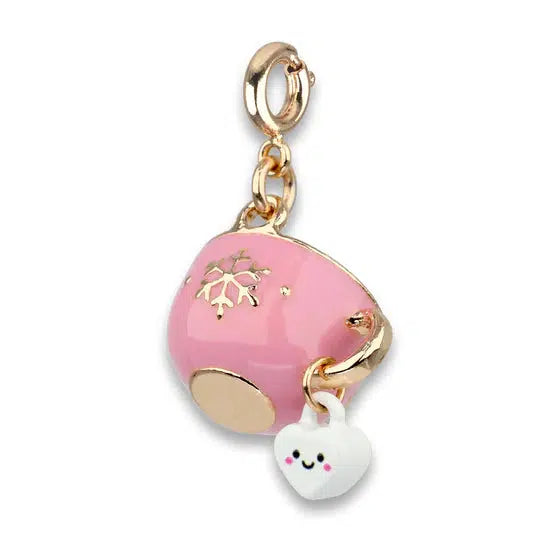 back of mug-shaped charm. The mug is pink with a gold snowflake and a smiling marshmallow hanging from the handle