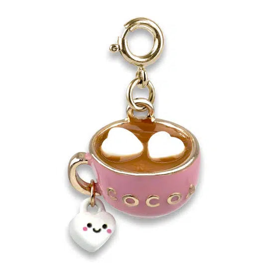 charm shaped like a hot cocoa with heart-shaped marshmallows and a smiling marshmallow