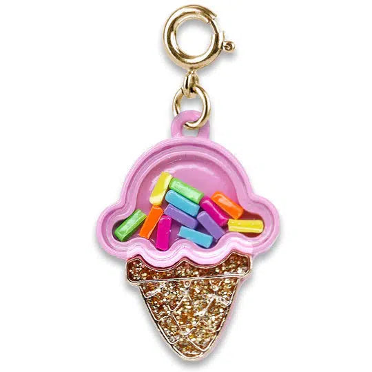 Ice cream cone-shaped charm with gold cone and rainbow shaker sprinkles