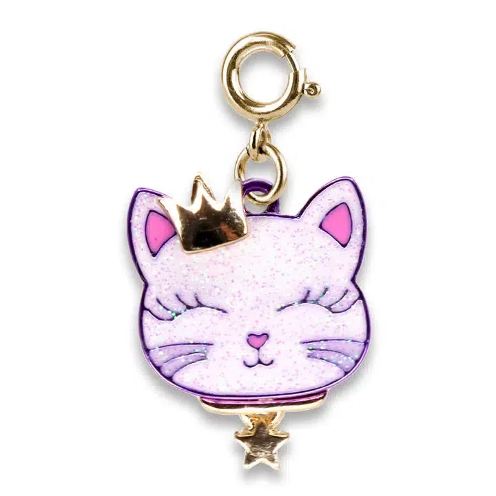 Introducing the CHARM IT! Gold Princess Kitty charm—a purple, glittery cat with a crown and a dangling star. Customize her collection with this enchanting piece that brings a royal sparkle to any accessory set.