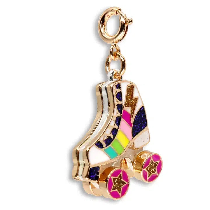 A gold roller skate keychain with rainbow glitter stripes and pink wheels featuring star designs, perfect for adding to your CHARM IT! charm bracelet.