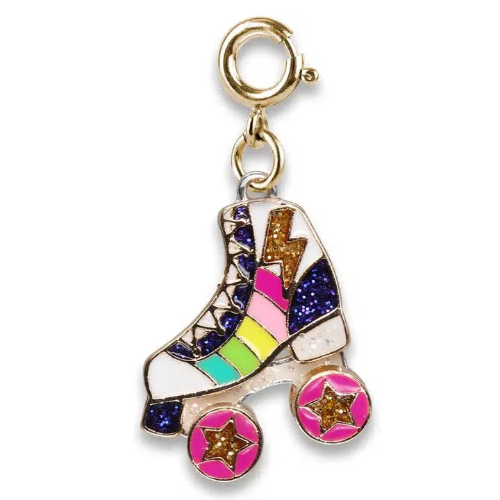 This CHARM IT! piece showcases a rainbow glitter roller skate with colorful stripes, gold laces, and star-adorned pink wheels. Perfect for a bracelet or necklace, it adds a playful touch to your accessory collection.