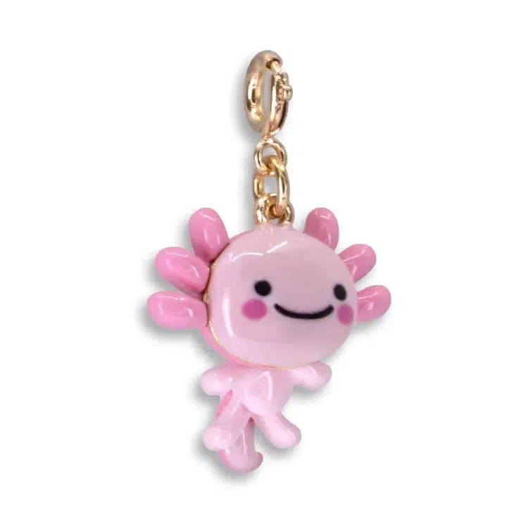 A pink axolotl charm with a smiling face and pink gills, perfect for any sea life lover. It features a gold clasp that adds a touch of elegance and can easily attach to your favorite CHARM IT! bracelet.