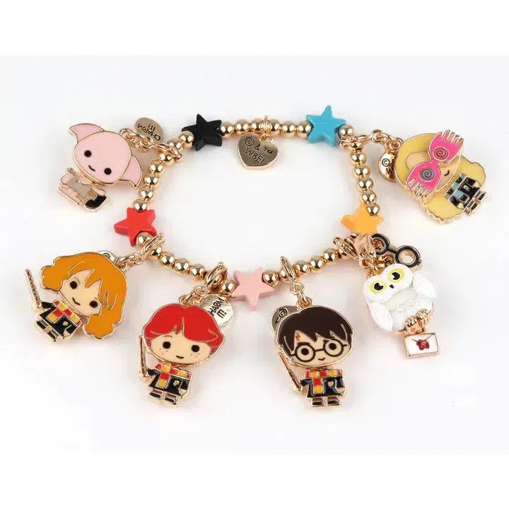 A delightful charm bracelet from the WIZARDING WORLD, showcasing beloved cartoon characters like a girl with a wand, a boy with glasses, and a white owl. Adorned with colorful star charms and featuring an enchanting Dobby charm.