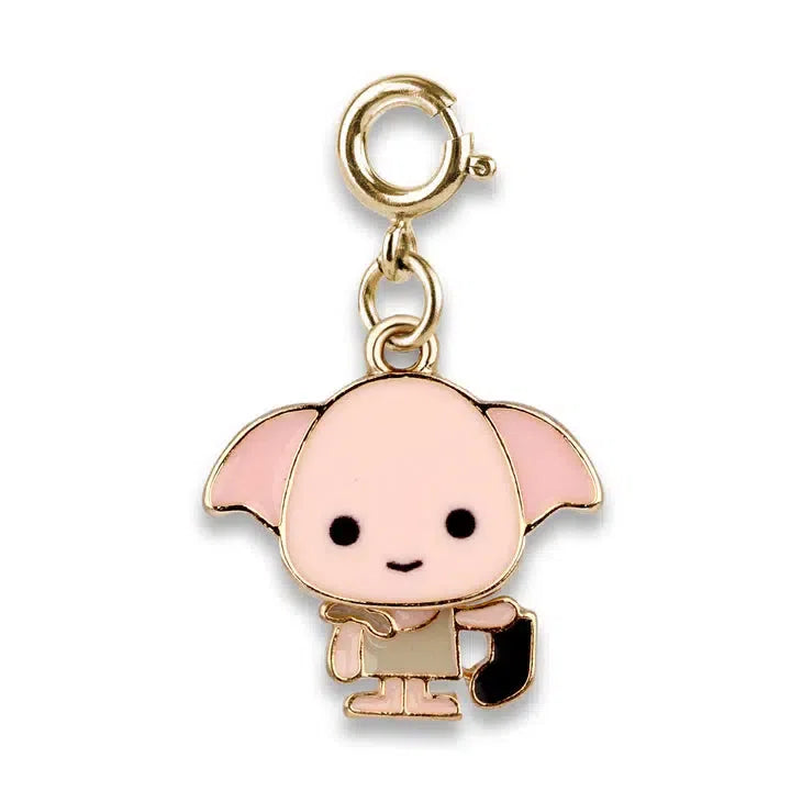 Charming cartoon-style Dobby charm from the wizarding world, featuring an elf with large ears holding a sock, attached to a round gold clasp.