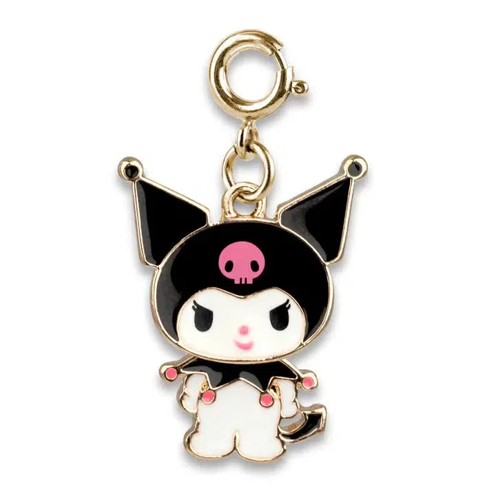 A cute metal charm featuring a cartoon character in a black hood with pink skull and jester ears, perfect for Sanrio fans. This Kuromi charm is attached to a circular clasp, making it an adorable accessory for any Hello Kitty enthusiast.