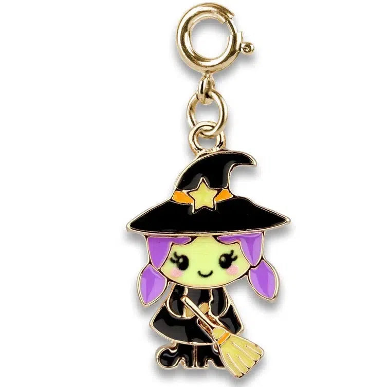 Cute witch charm with purple hair and black hat holding a broom