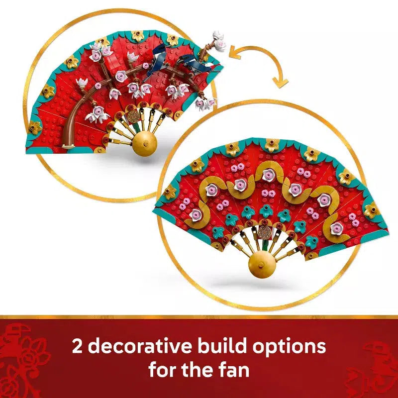 The two build options for the fan are shown, one has a flowering branch and the other has flowers with gold pieces swirling around it