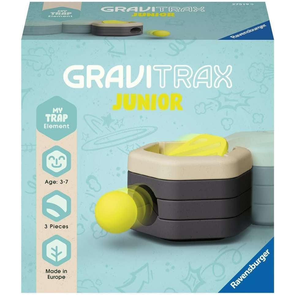 The GraviTrax Junior box, perfect for budding engineers aged 3-7, includes a "My Trap Element" from Ravensburger. This engaging STEM toy features three pieces and is crafted in Europe to inspire young minds.