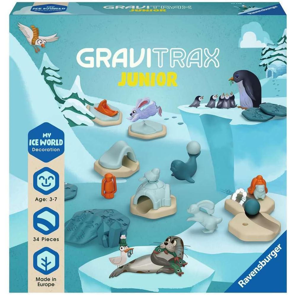 The Ravensburger GraviTrax Junior Ice World set, featuring penguin and arctic animal illustrations, offers a delightful STEM toy experience. Designed for ages 3-7, it includes 34 pieces for endless marble run fun. Proudly made in Europe by Ravensburger.