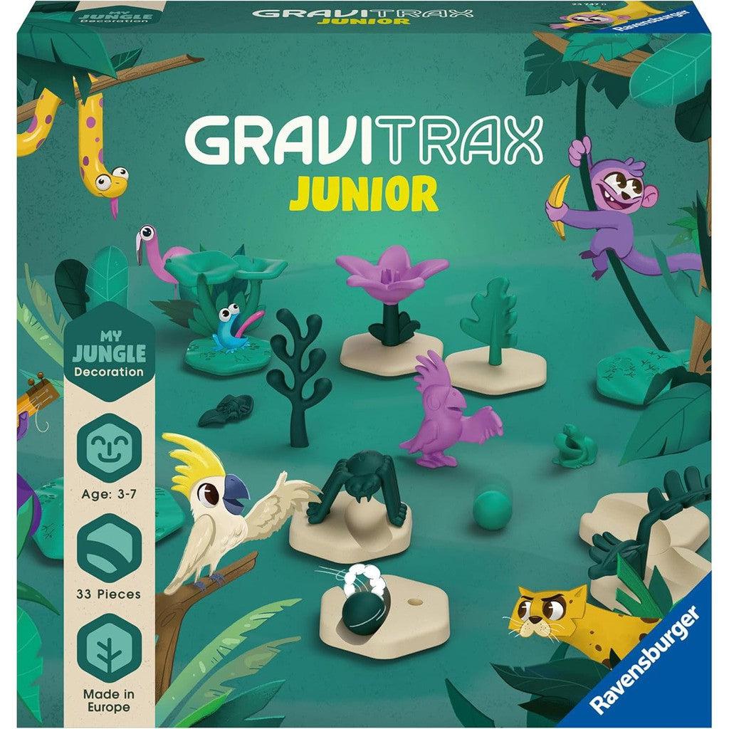 Explore the GraviTrax Junior jungle-themed box, a captivating marble run designed for ages 3-7. With 33 pieces including animal figures and trees, this set sparks creativity. Available exclusively in the Ravensburger Online Store.