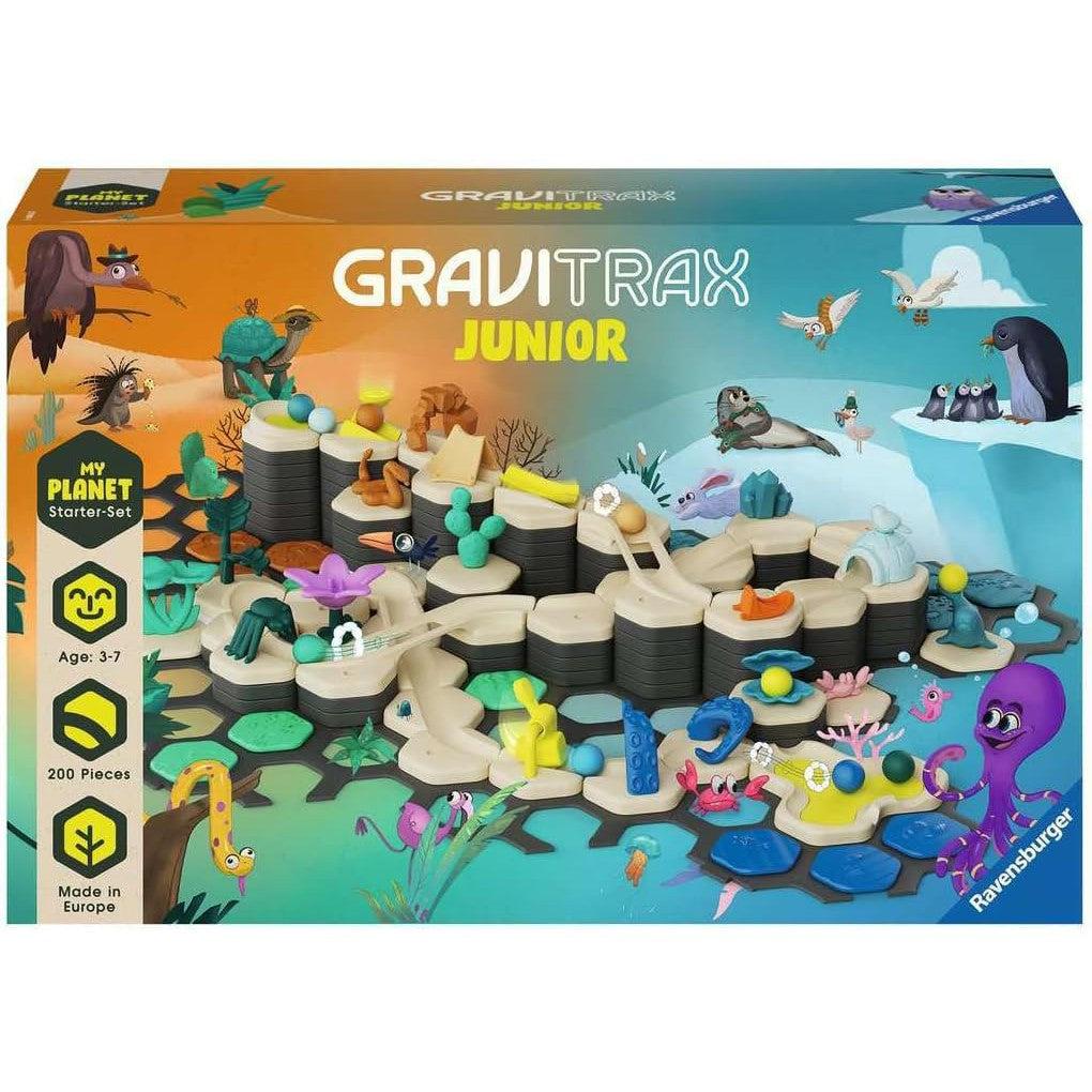 The GraviTrax Junior starter set box is a vibrant Marble Run and Preschool Construction Toy featuring animal-themed decorations, perfect for ages 3-7. With 200 pieces, it's skillfully made in Europe to inspire creativity and fun.