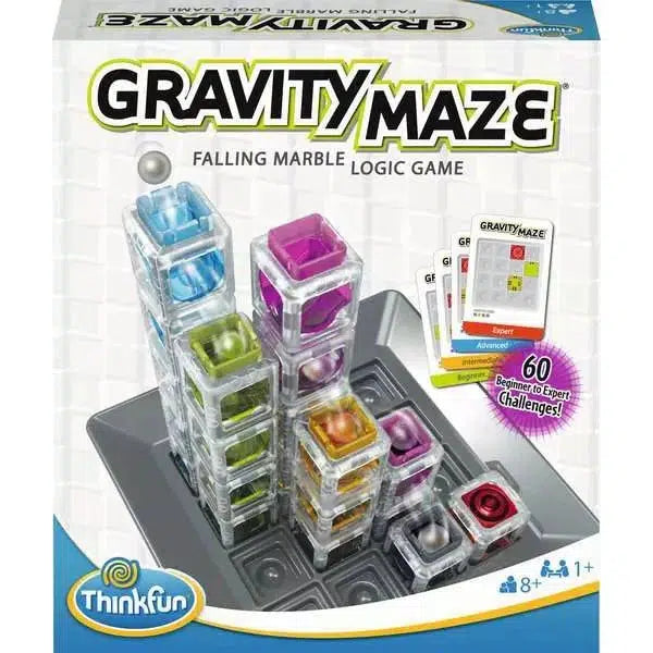 The Gravity Maze game box showcases vibrant towers, marbles, and challenge cards. Designed for ages 8 and up, it features 60 challenges ranging from beginner to expert, promoting STEM subjects and enhancing critical thinking skills.