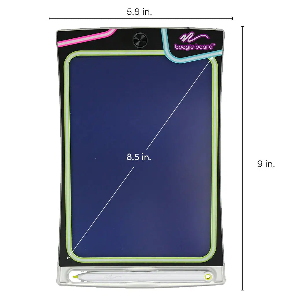 green glow in the dark boogie board. it is 9 in by 5.8 in of boogie board fun