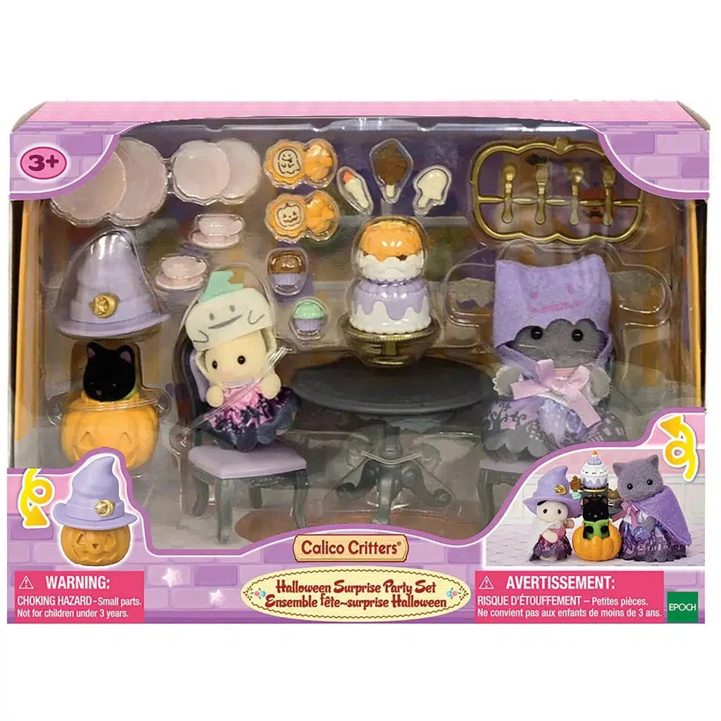 Calico Critters Halloween Surprise Party Set, featuring two figures, Halloween-themed accessories, and a decorative box with purple and orange accents.