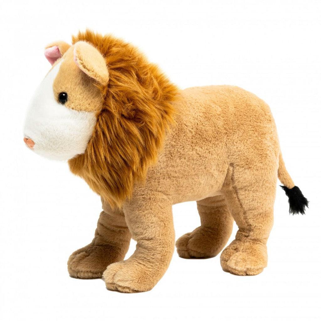 A lion plush stuffed toy, embodying both adventure and imagination, stands proudly on four legs. Its impressive mane and tail create a captivating hybrid animal friend, all set against a plain white background.