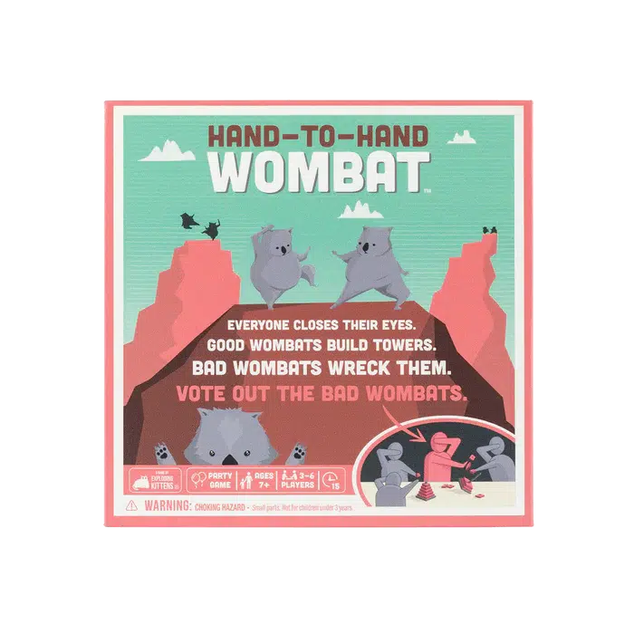 Box for the game "Hand-to-Hand Wombat" shows cartoon wombats building and wrecking towers with a message advising players to vote out the bad wombats in this exciting secret identity team-building game.