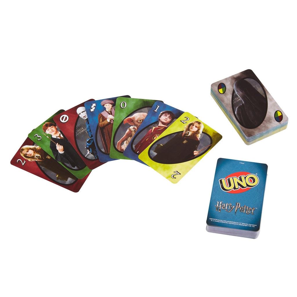 Image of the Harry Potter UNO game. On the back of the deck of cards is the UNO logo with the Harry Potter logo under it.