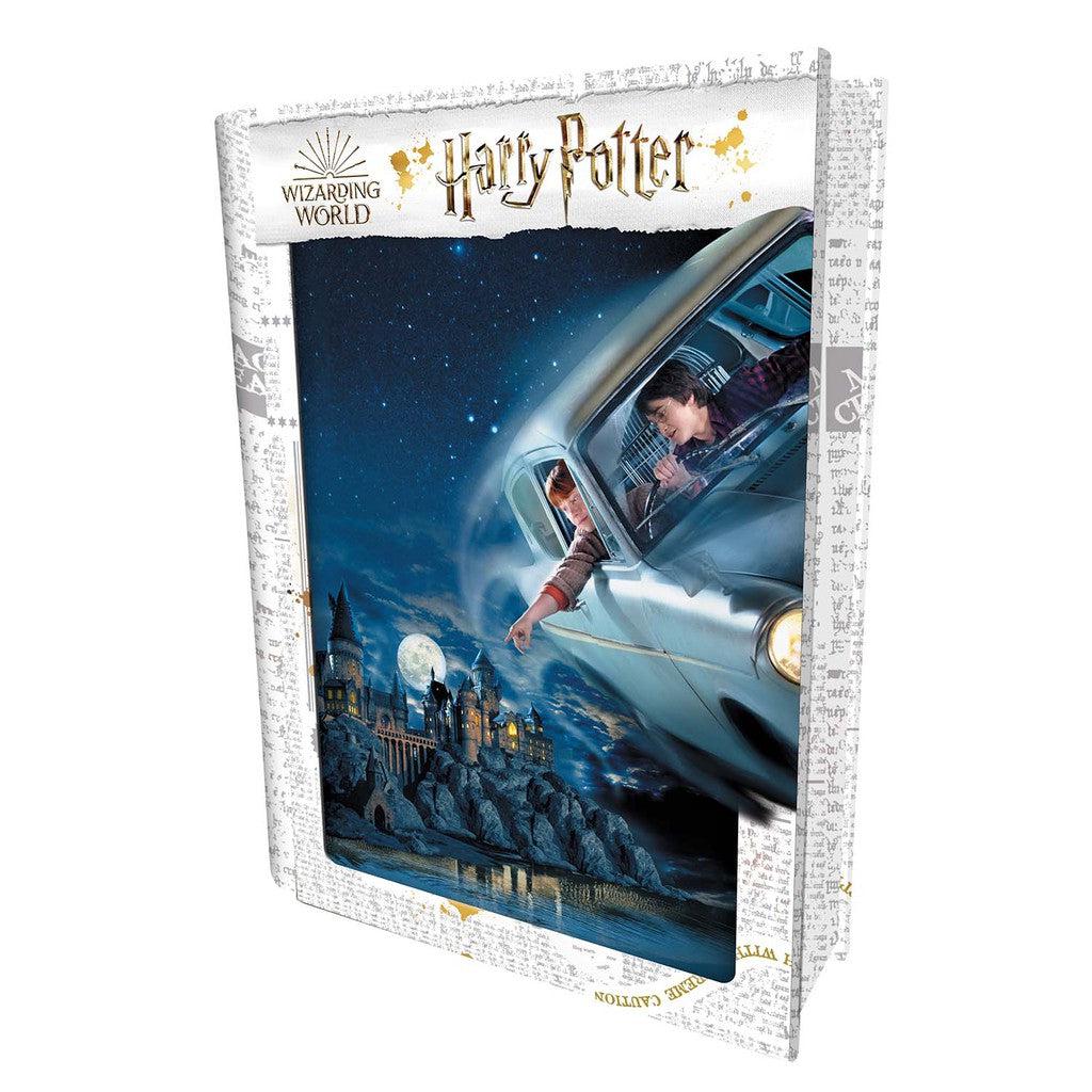 Harry and Ron flying a car over a castle at night, set against a starry sky. The "Harry Potter" text and Wizarding World logo frame the scene.