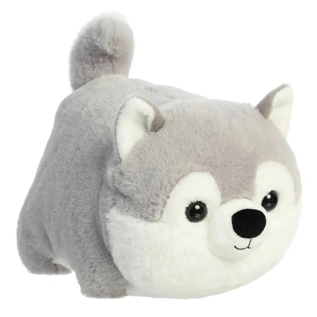 Meet the adorable Haze Husky from Aurora's Spudsters collection—a plush friend resembling a chubby, gray and white husky with a curled tail and black eyes.