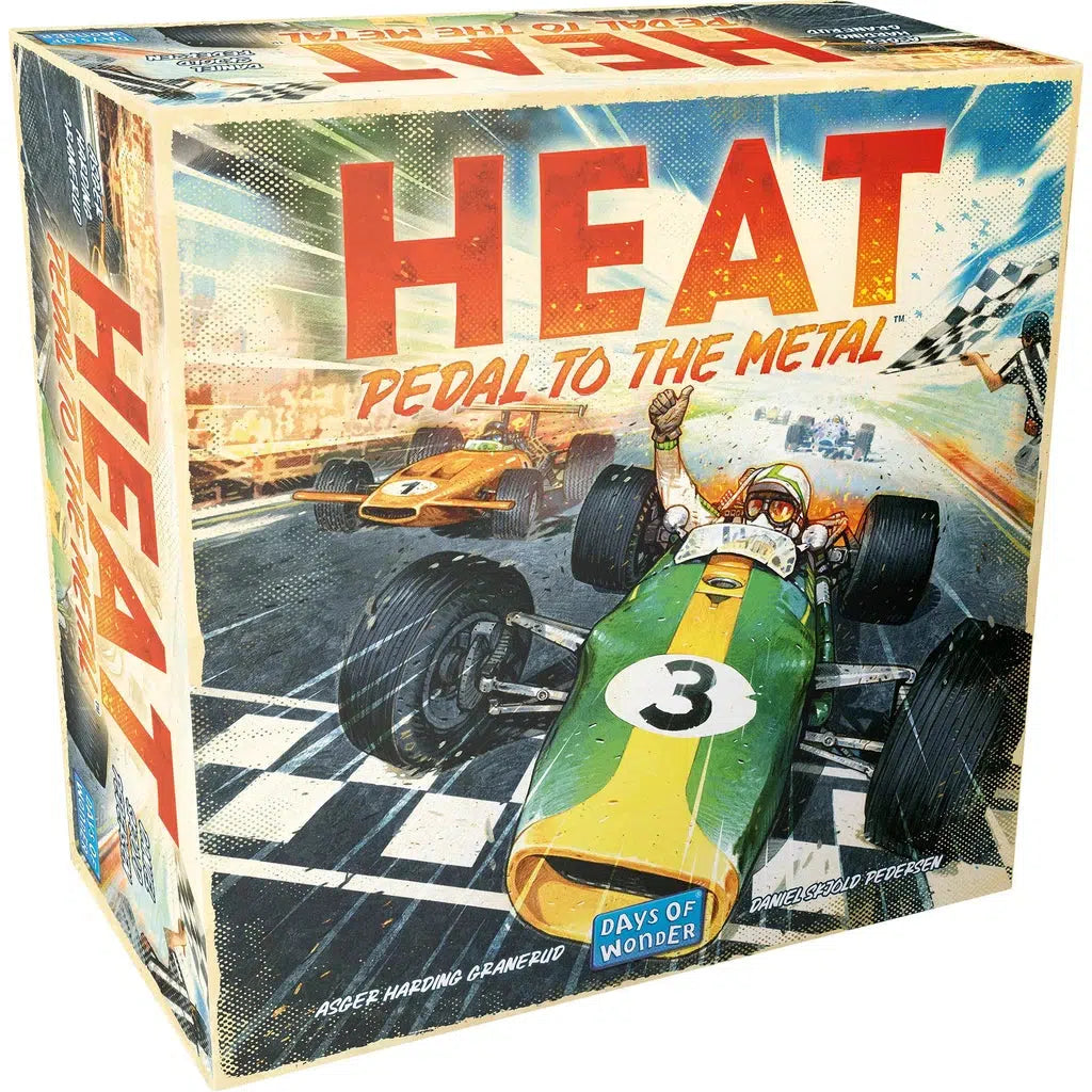 The box of the board game "Heat: Pedal to the Metal" features a vintage race car and driver on the cover, capturing the thrill of car races. Players will enjoy strategic hand management as they navigate through intense speeds and exciting car upgrades.