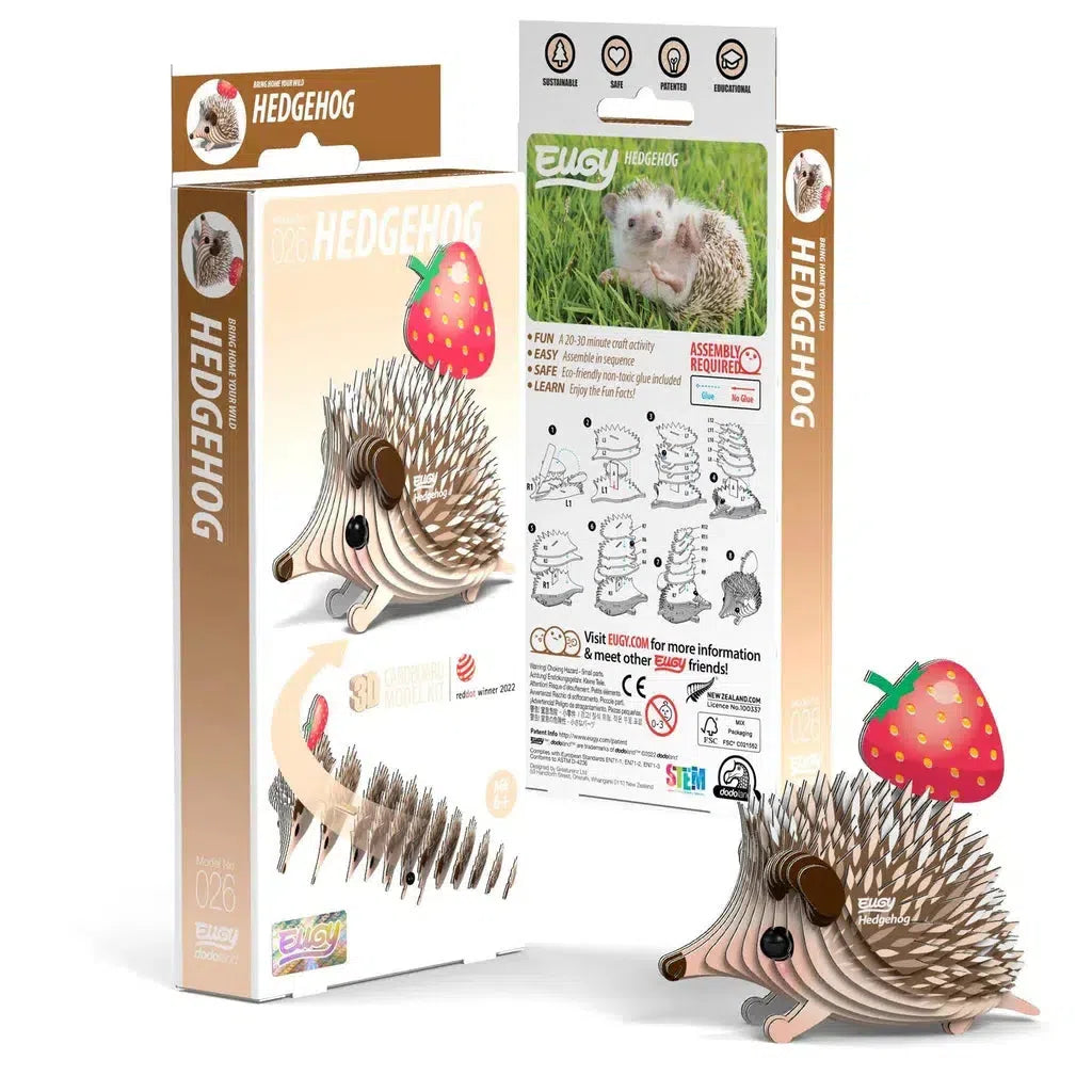 The EUGY Hedgehog 3D puzzle is perfect for animal lovers, featuring a charming hedgehog model with a strawberry on its head. The packaging showcases the assembled design, while instructions and illustrations from Safari Ltd. adorn the back for easy assembly.