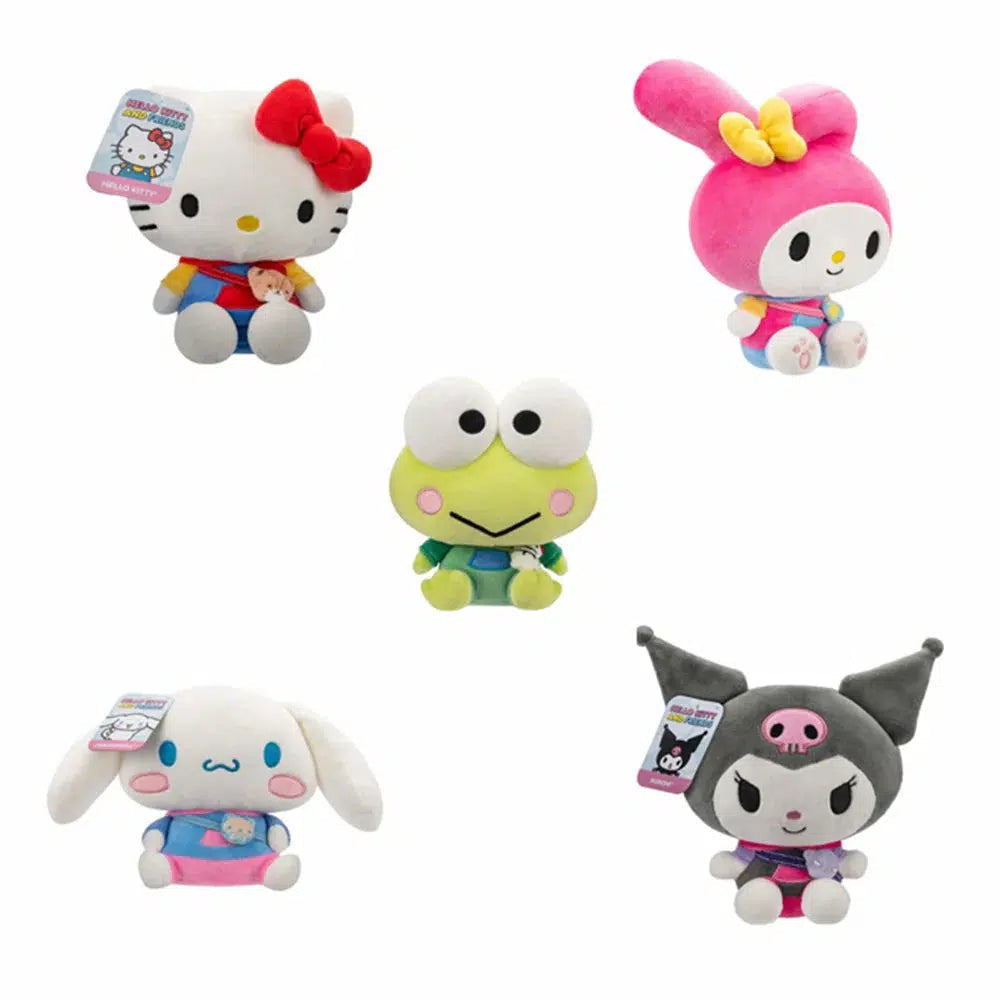 Five seated Sanrio plush toys: Hello Kitty, My Melody, Keroppi, Cinnamoroll, and Kuromi, each wearing similar outfits in this adorable plush assortment.