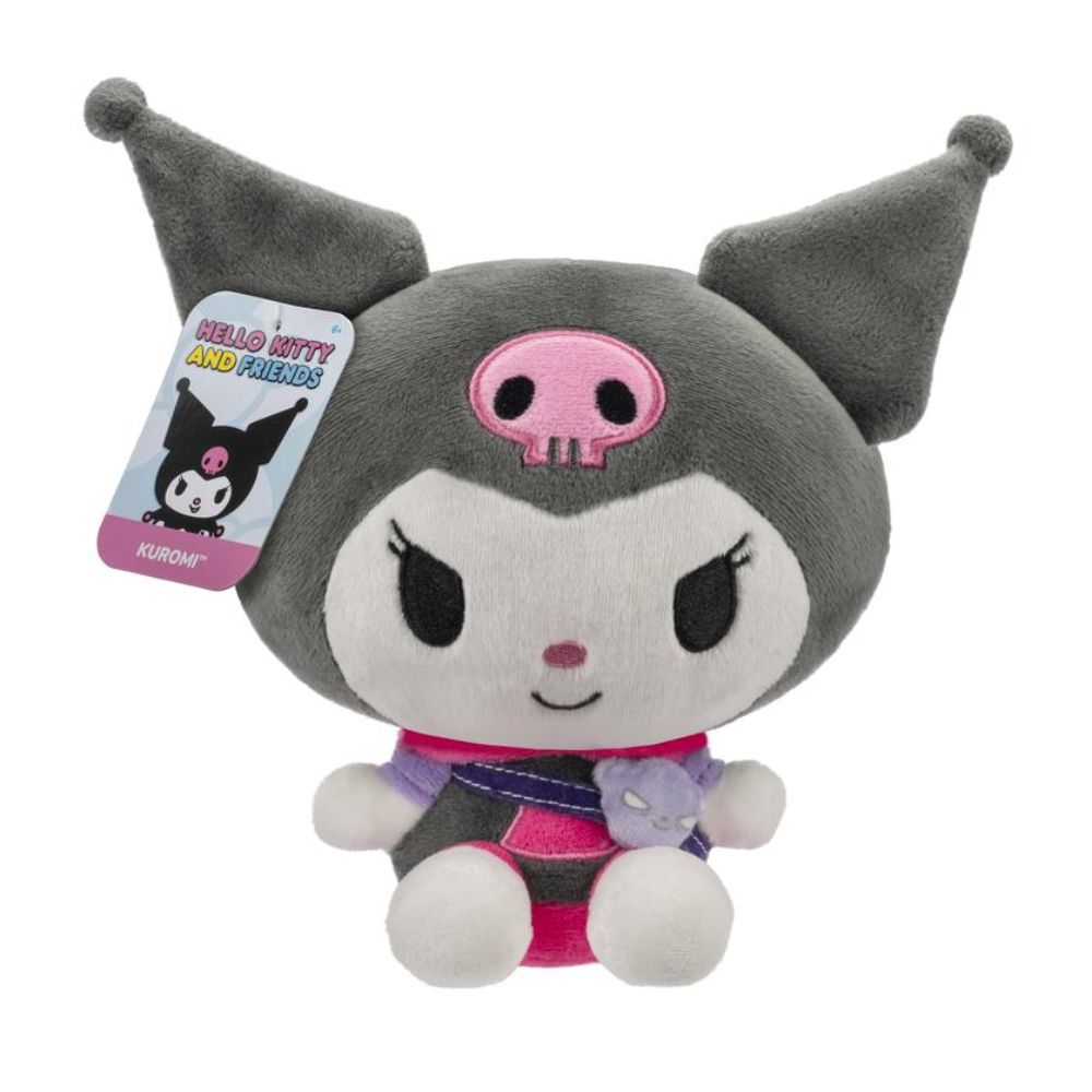 Kuromi plush Is sitting, wearing a pink and black outfit, and wearing a satchel