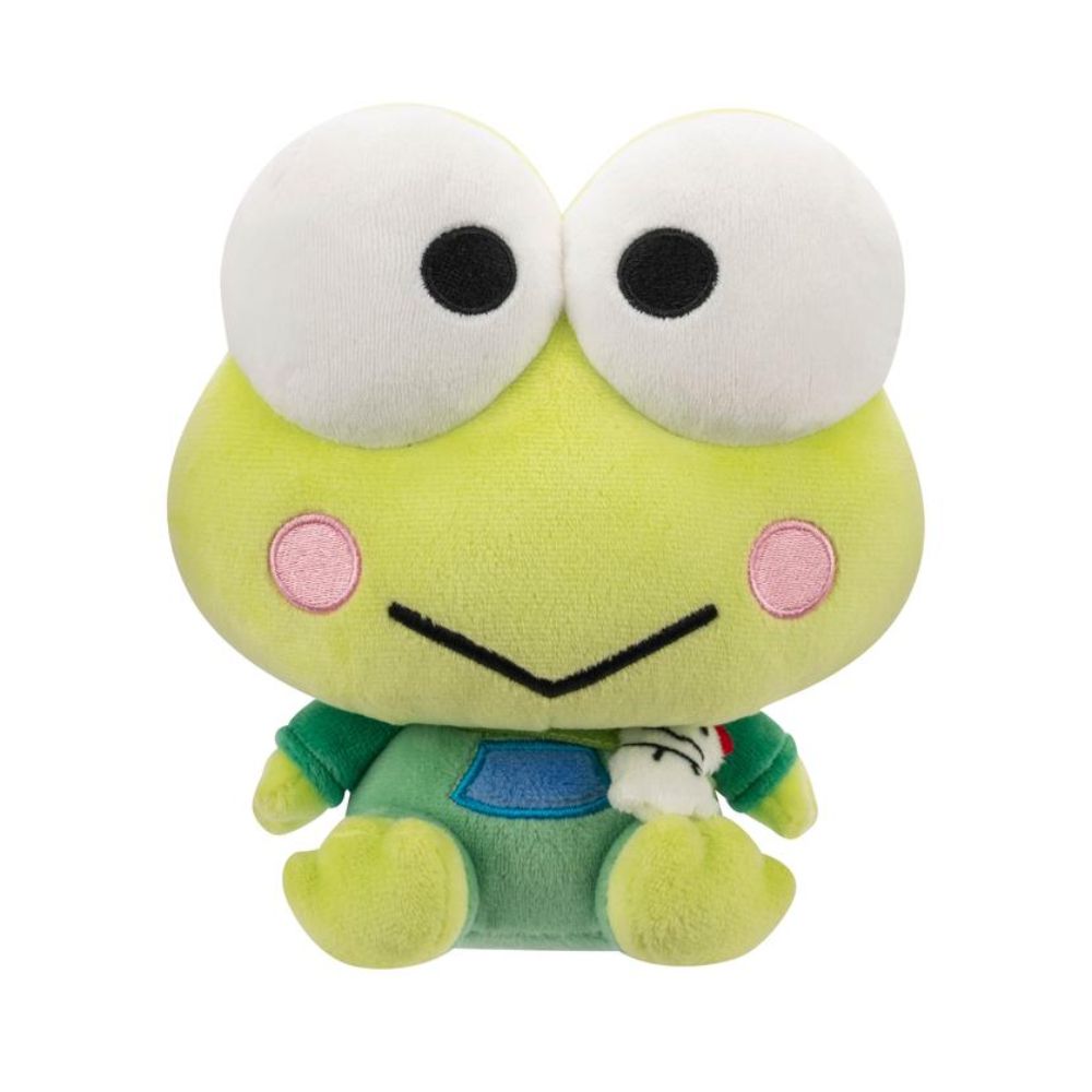 Kuropi plush is sitting, dressed in green and wearing a satchel