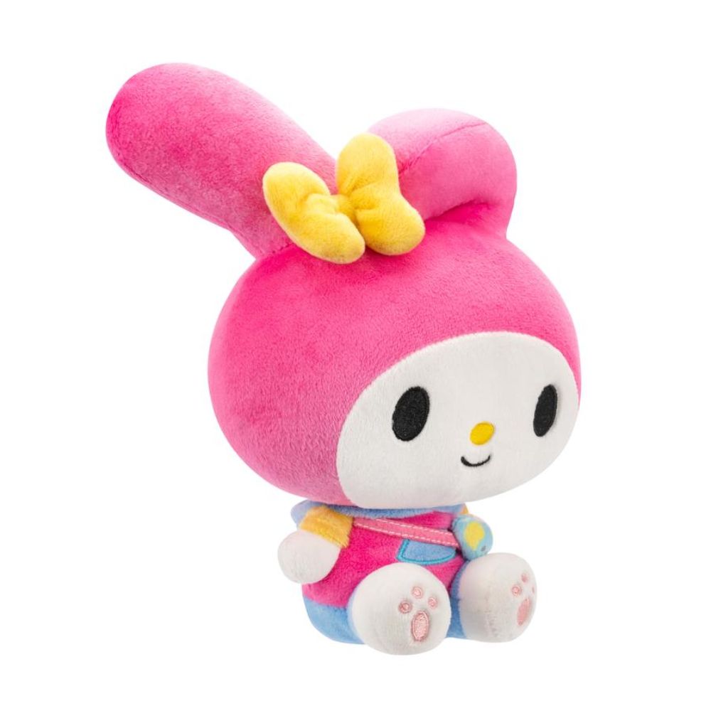 My Melody plush is sitting with pink ears and yellow bow, wearing a satchel