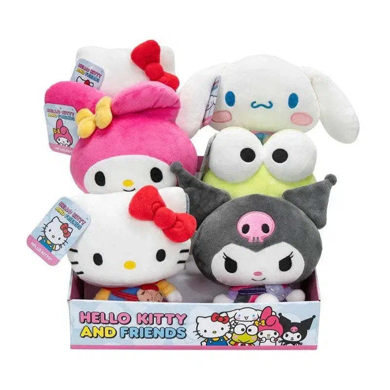 A display box contains a delightful plush assortment of five "Hello Kitty and Friends" toys, featuring beloved characters like Kuromi. Each toy comes with its own character tag, neatly arranged in two inviting rows.