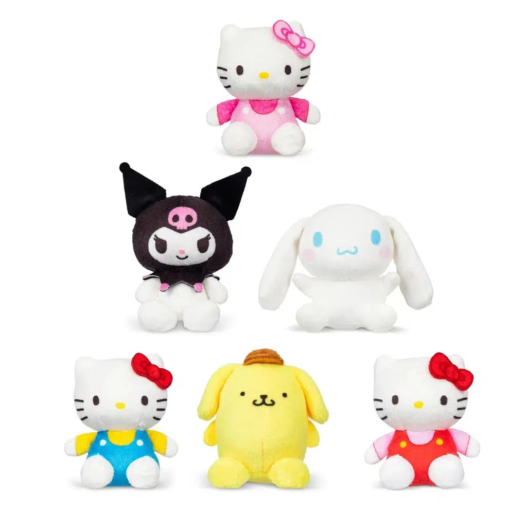 Six Sanrio plush toys are arranged in two rows, featuring the beloved Hello Kitty plush with its adorable design. On the top row: Hello Kitty, Kuromi, and Cinnamoroll; on the bottom row: Hello Kitty in a blue outfit, Pompompurin, and Hello Kitty in a red outfit—perfect for a charming gift!.