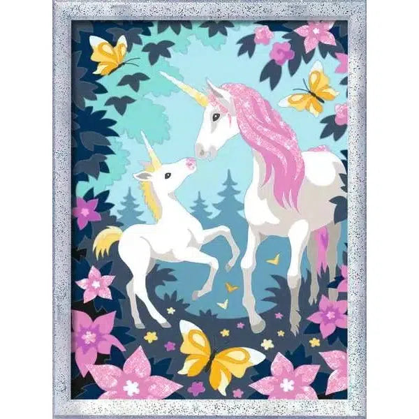 An illustration of two unicorns, one with a pink mane and one with a yellow mane, surrounded by flowers and butterflies in a colorful forest scene.