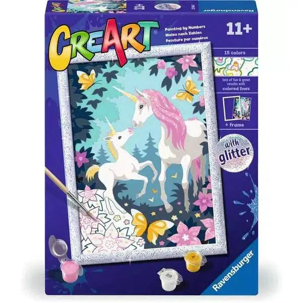 CreArt painting by numbers kit for ages 11+, featuring a unicorn scene with glitter accents and 15 colors.