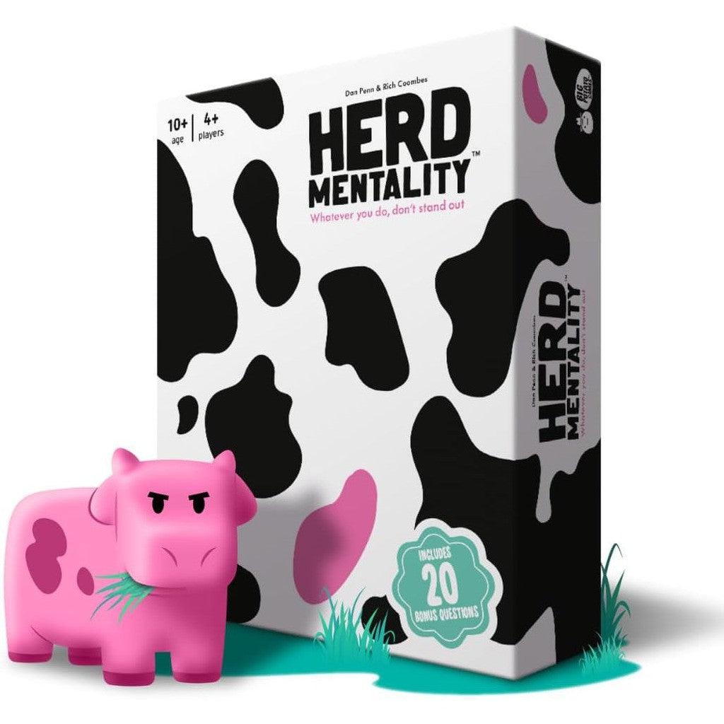 A Herd Mentality board game box with a black and white cow pattern and a pink cow figurine in front. The game is recommended for ages 10 and up, with 4+ players.